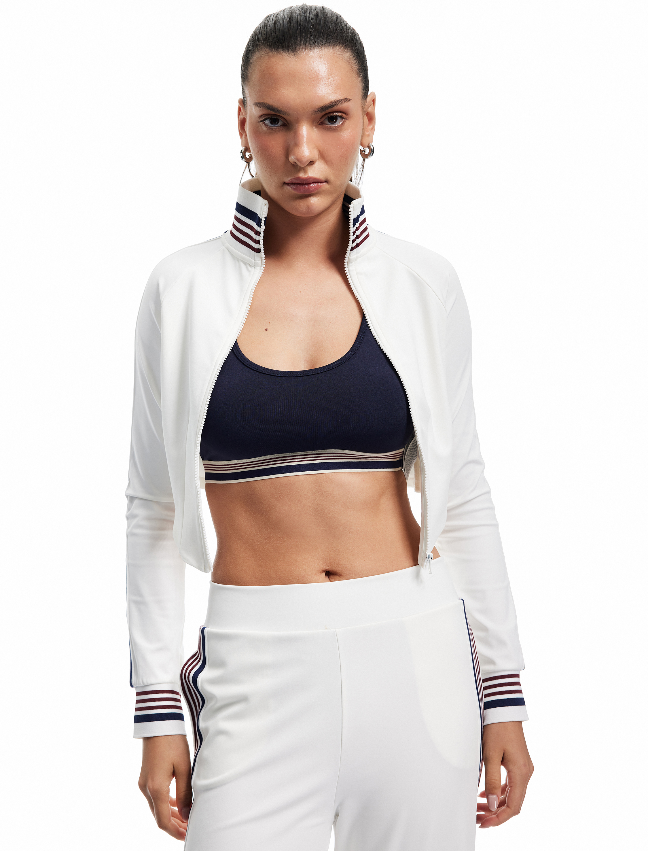   Dik Yaka Çizgili Uzun Kollu Fermuarlı İnterlok Asimetrik Spor Sweatshirt