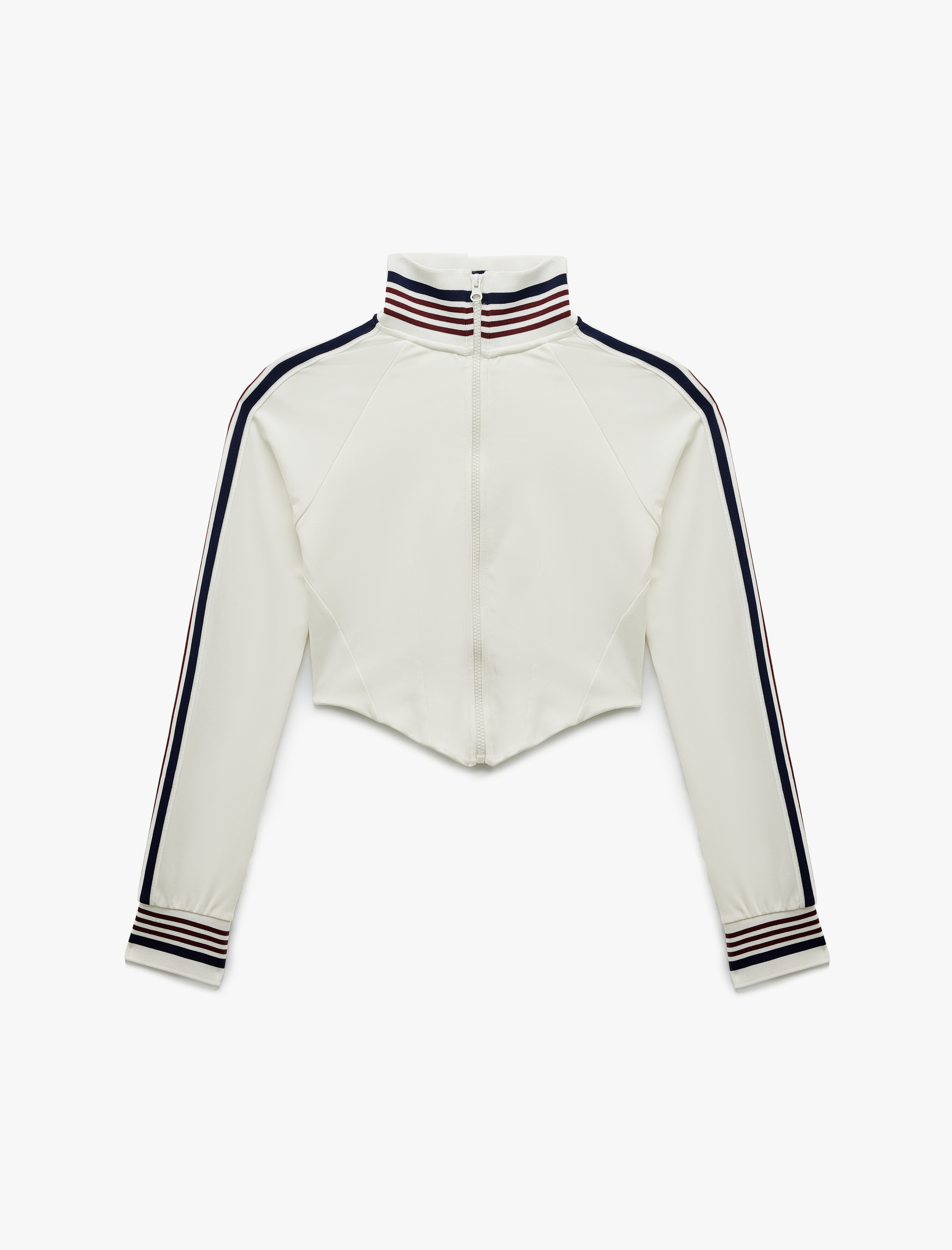   Dik Yaka Çizgili Uzun Kollu Fermuarlı İnterlok Asimetrik Spor Sweatshirt