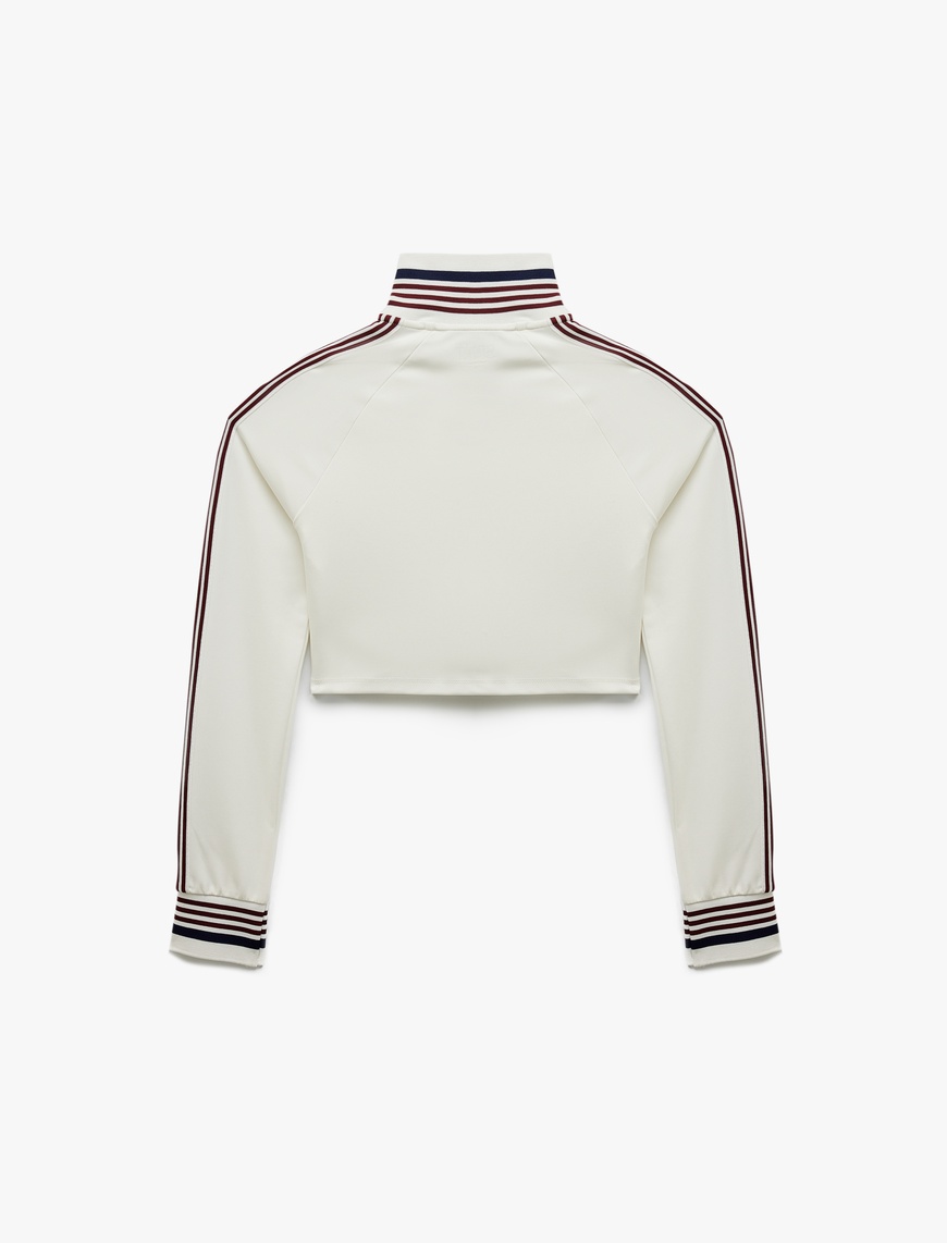   Dik Yaka Çizgili Uzun Kollu Fermuarlı İnterlok Asimetrik Spor Sweatshirt