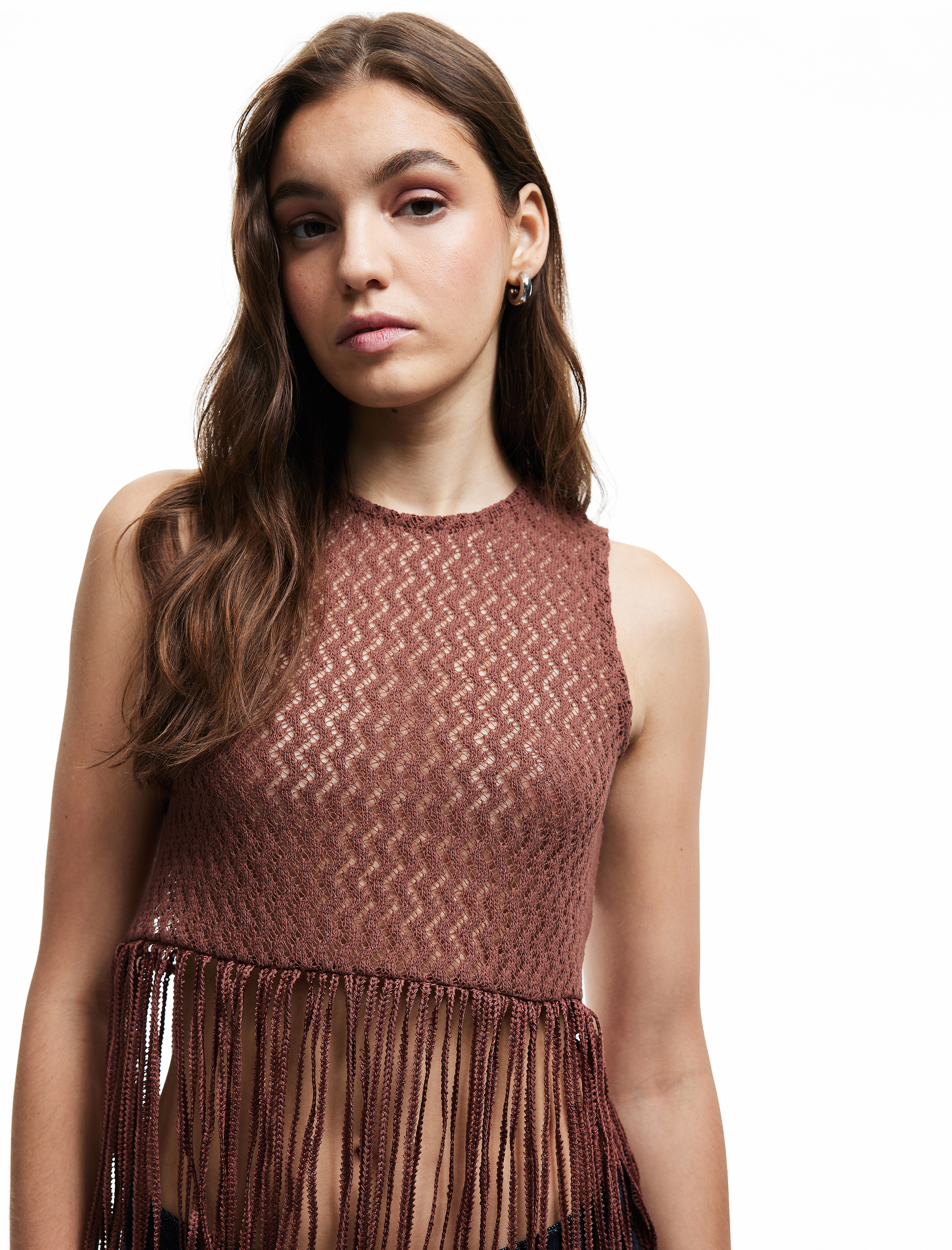   Pamuklu Püsküllü Kolsuz Bisiklet Yaka Kroşe Bluz