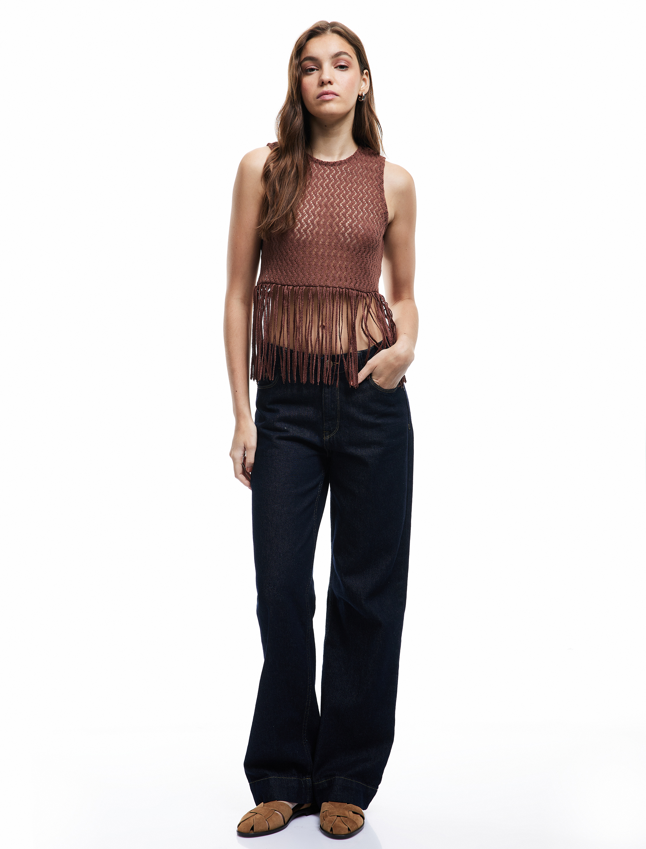   Pamuklu Püsküllü Kolsuz Bisiklet Yaka Kroşe Bluz