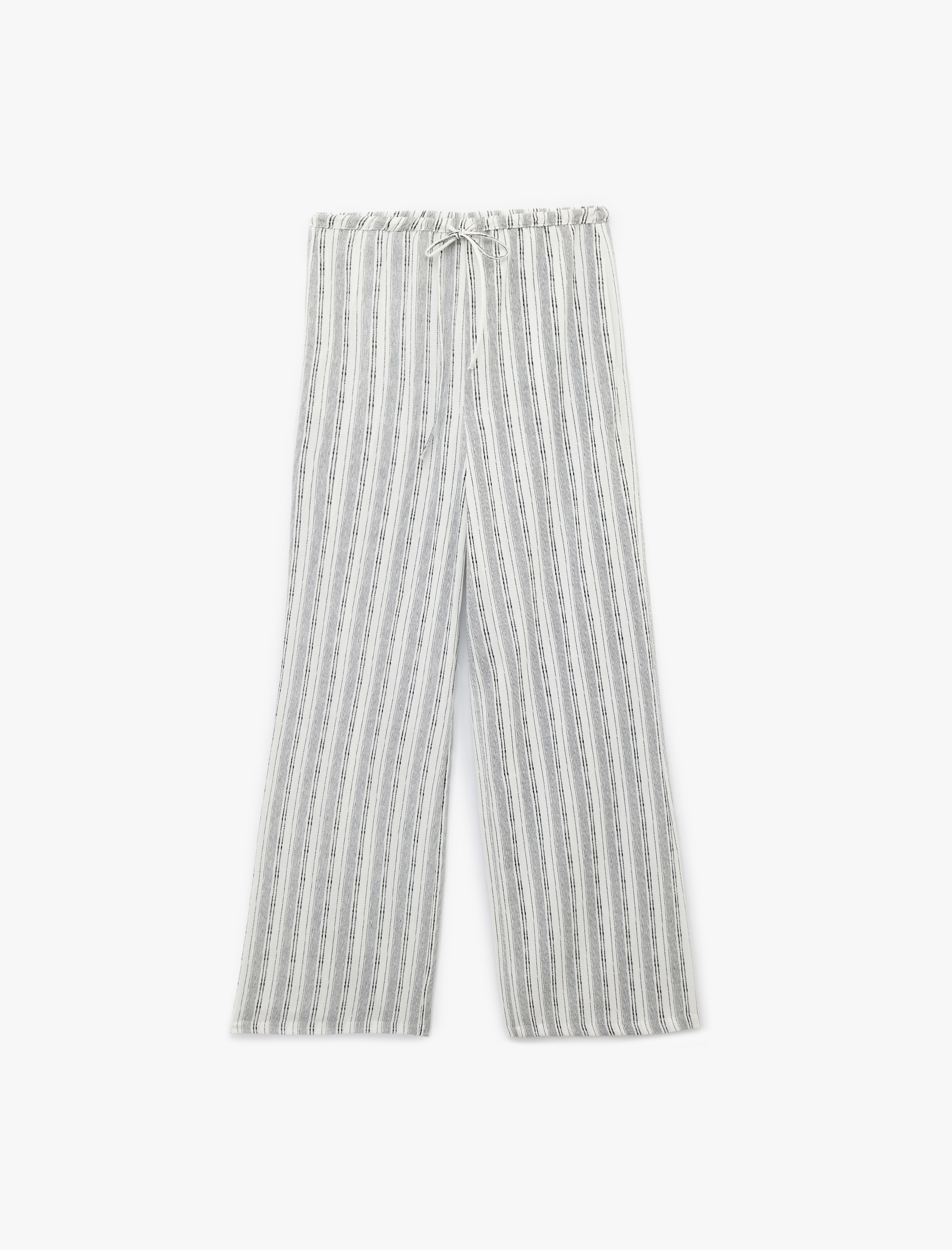   Keten Görünümlü Beli Bağlamalı Cepli Çizgili Palazzo Pantolon