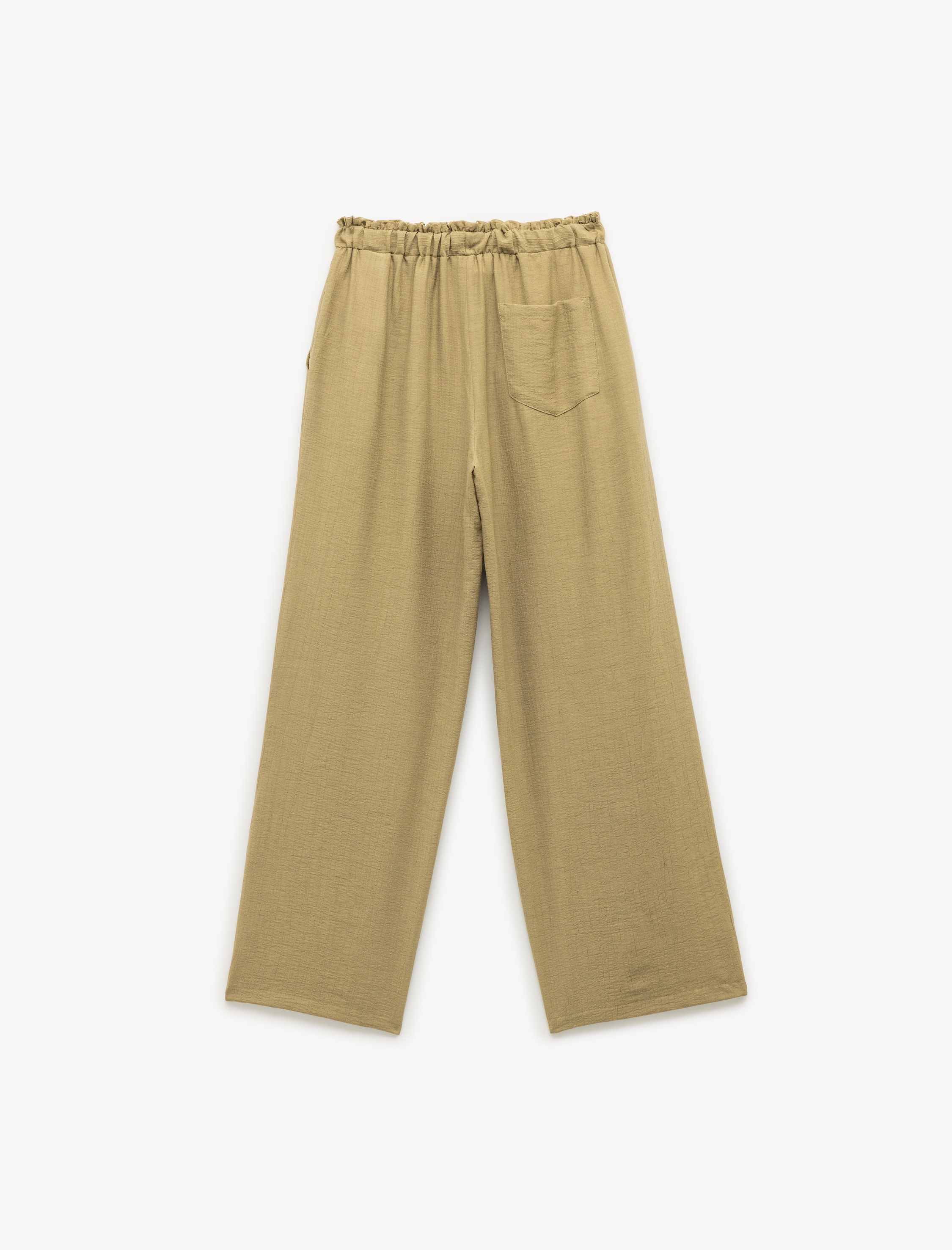   Beli Bağcıklı Cepli Keten Karışımlı Bol Paça Pantolon