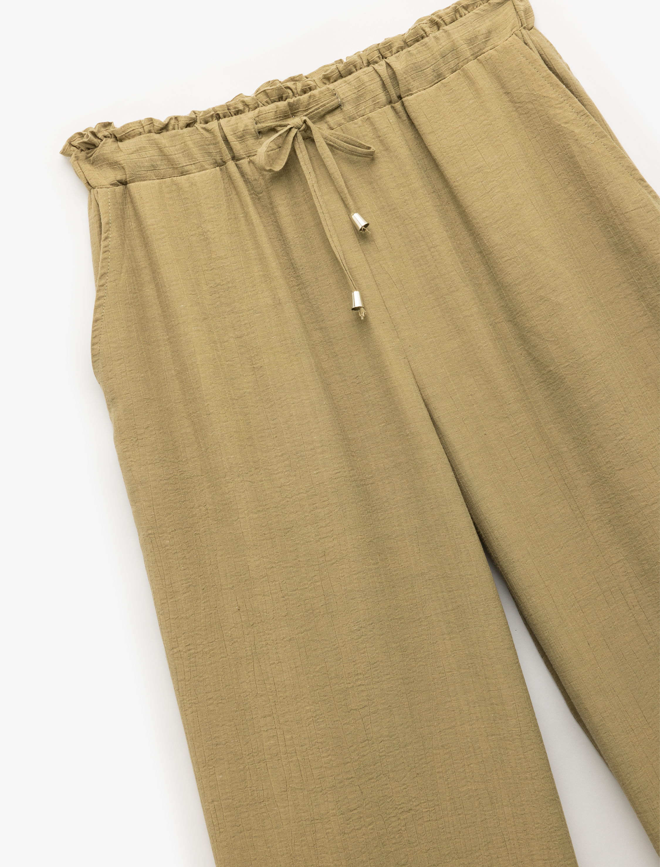   Beli Bağcıklı Cepli Keten Karışımlı Bol Paça Pantolon