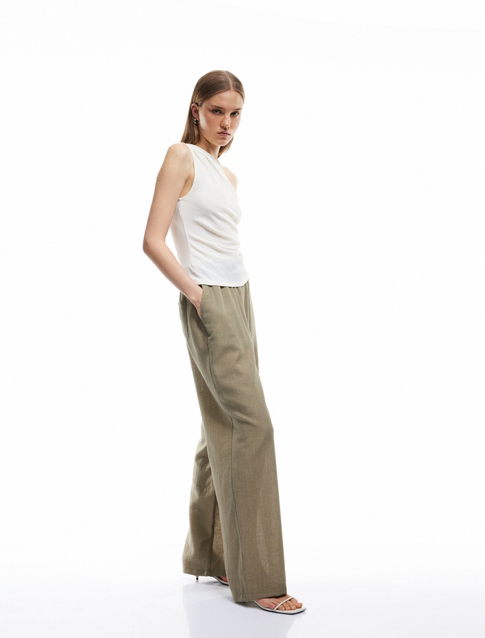  Beli Bağcıklı Cepli Keten Karışımlı Bol Paça Pantolon