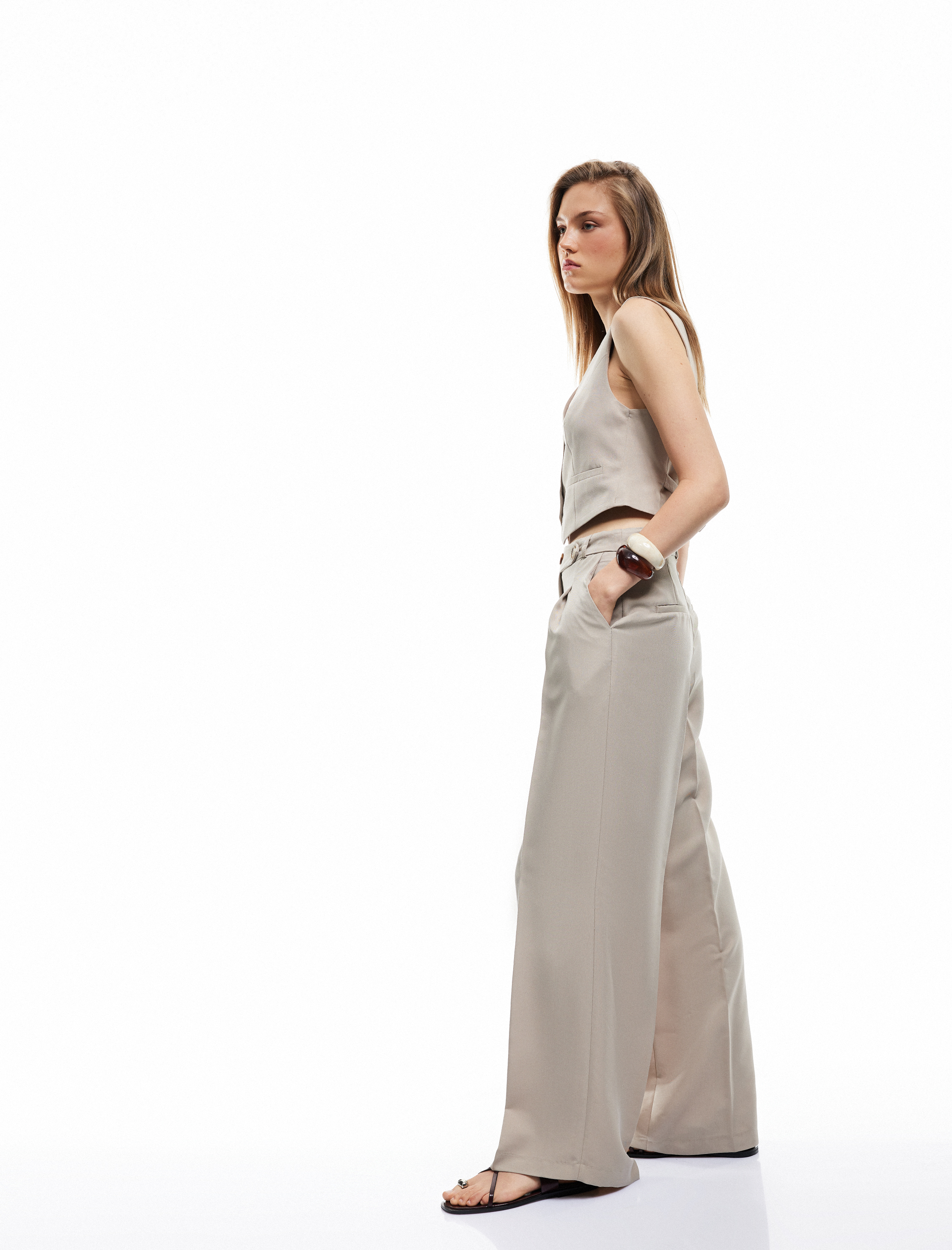   Modal Kumaş Cepli Pileli Yüksek Bel Palazzo Pantolon