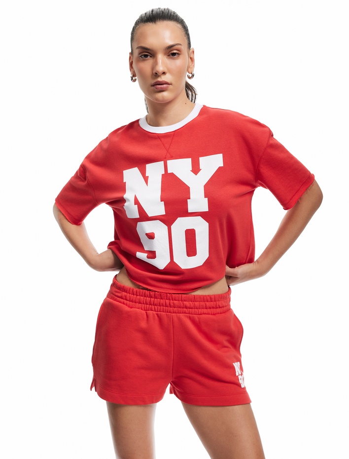  Beli Lastikli Baskılı Cepli Rahat Kalıp Mini Spor Şort