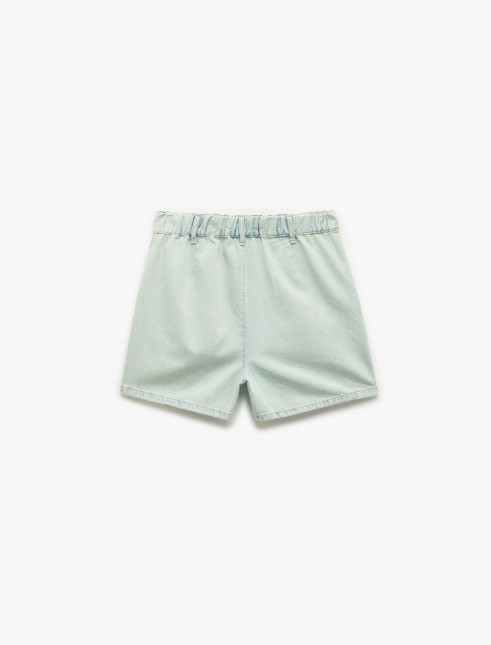  Normal Bel Pileli Düğmeli Cepli Rahat Kalıp Mini Denim Şort