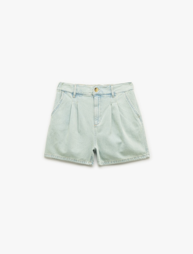 Normal Bel Pileli Düğmeli Cepli Rahat Kalıp Mini Denim Şort_0