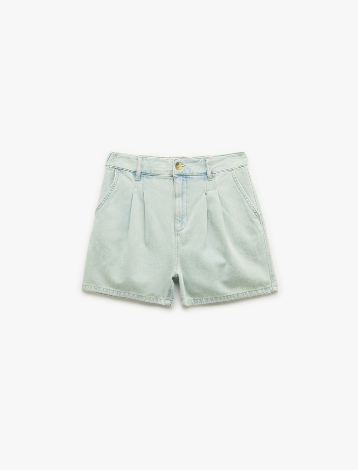  Normal Bel Pileli Düğmeli Cepli Rahat Kalıp Mini Denim Şort