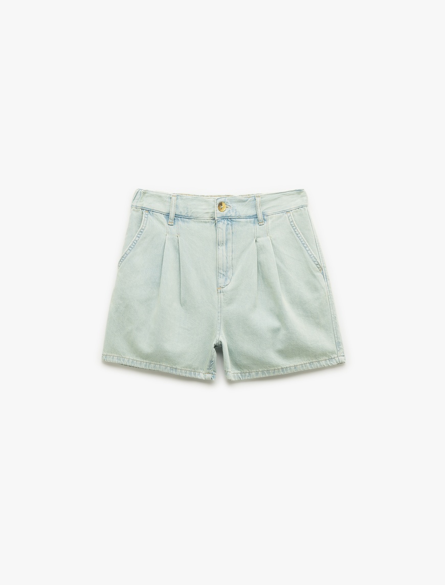   Normal Bel Pileli Düğmeli Cepli Rahat Kalıp Mini Denim Şort