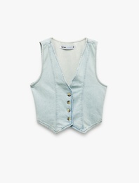 Düğmeli V Yaka Düğmeli Pamuklu Denim Yelek
