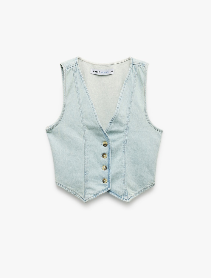  Düğmeli V Yaka Düğmeli Pamuklu Denim Yelek