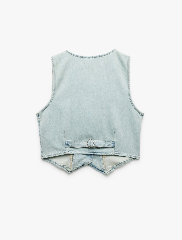  Düğmeli V Yaka Düğmeli Pamuklu Denim Yelek