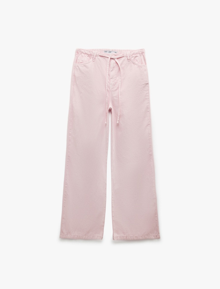  Koton X Sibil Çetinkaya - Beli Bağcıklı Pamuklu Bol Paça Pantolon - Loose Straight Fit Jean