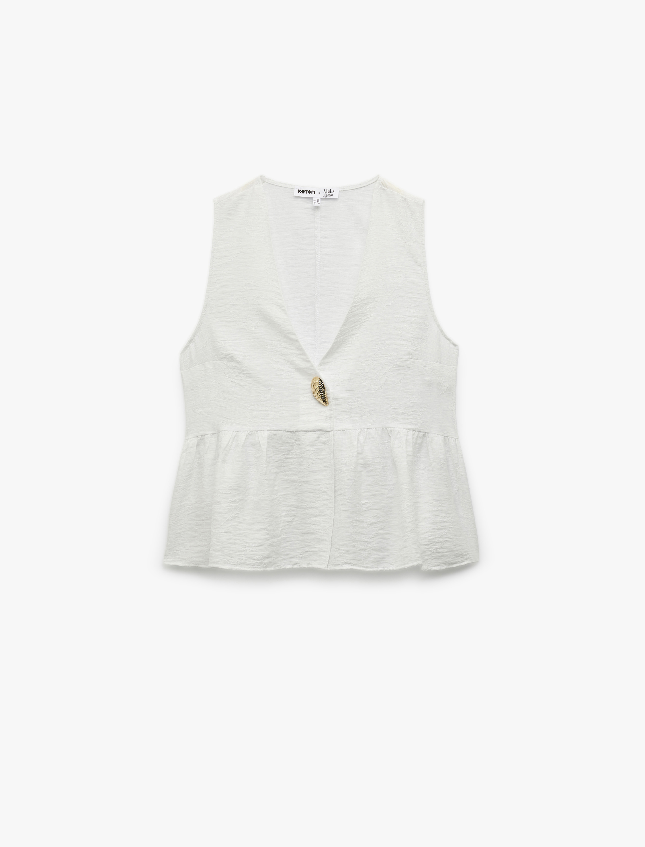 Koton X Melis Ağazat - Deniz Kabuğu Aksesuar Detaylı V Yaka Kolsuz Peplum Bluz