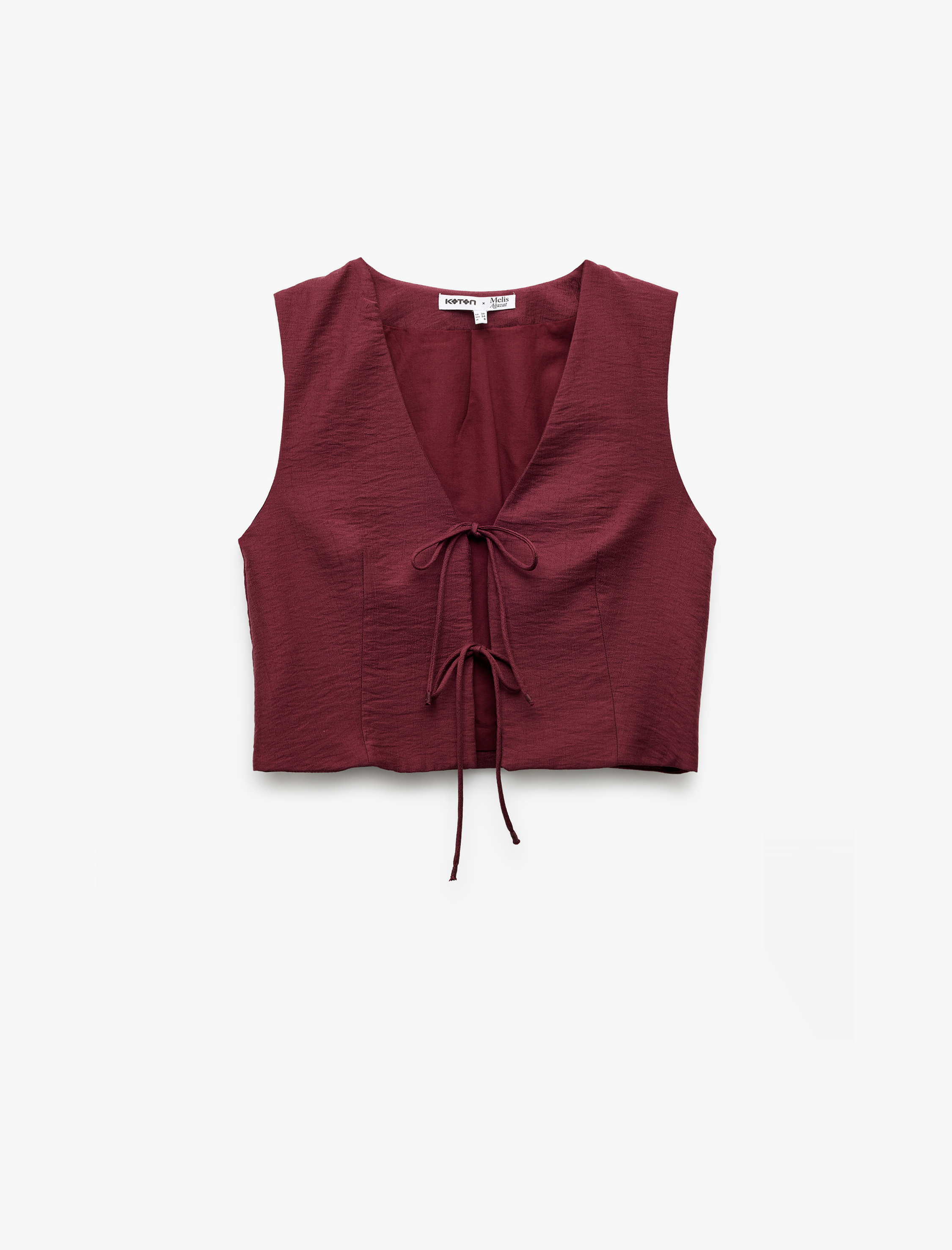   Koton X Melis Ağazat - V Yaka Fiyonklu Önden Bağlama Detaylı Crop Yelek