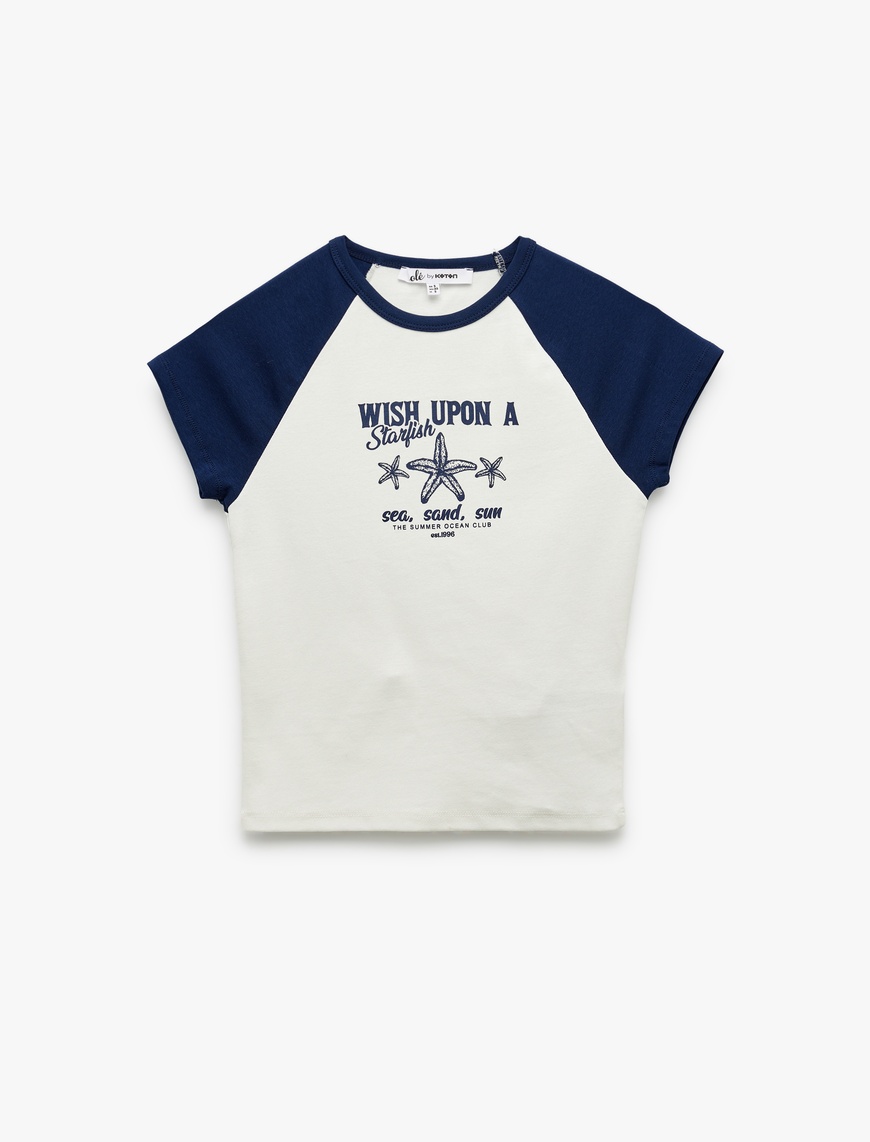   Reglan Kısa Kollu Dar Kesim Bisiklet Yaka Baskılı Pamuklu Tişört
