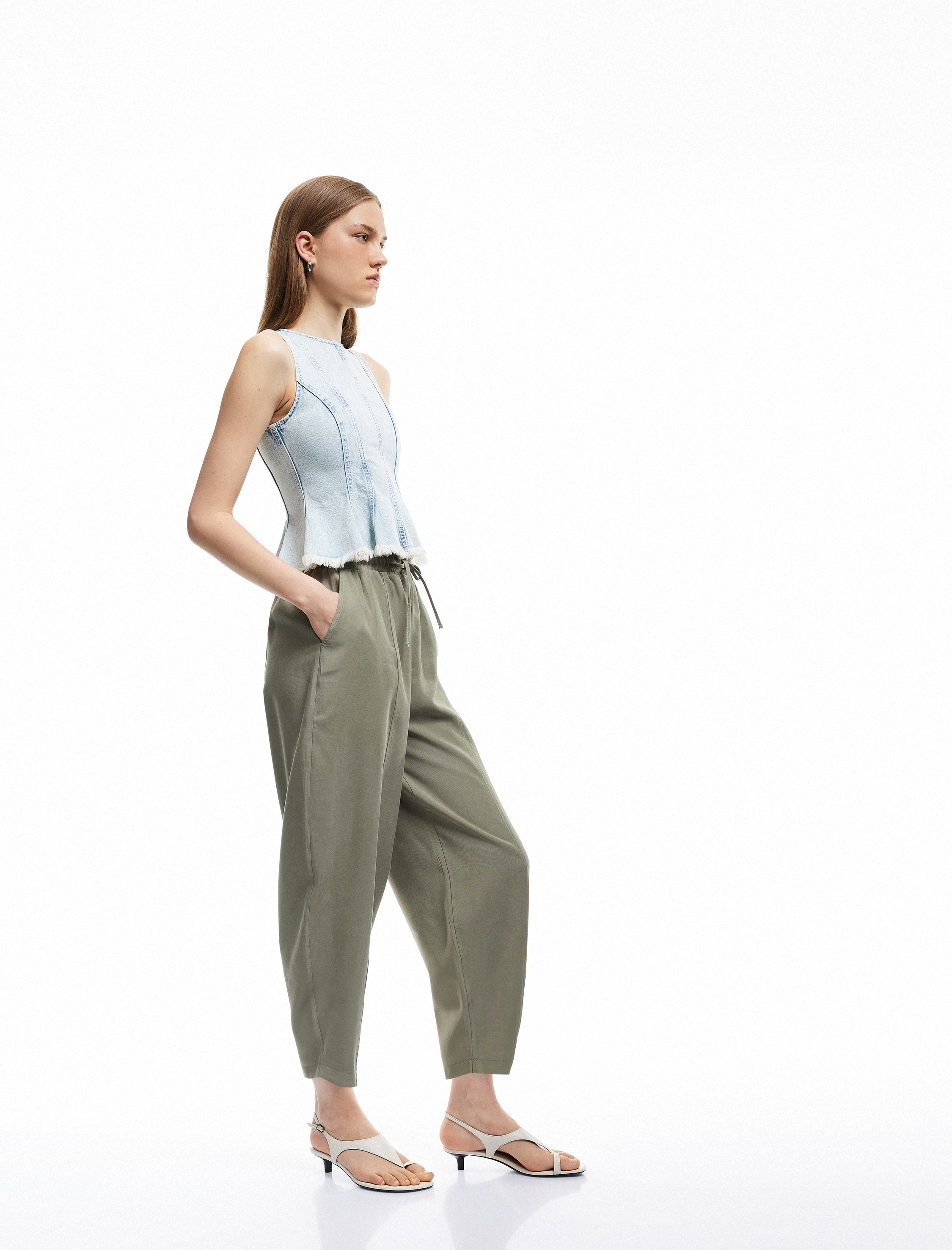   Viskon Cupro Kumaş Rahat Kalıp Cepli Beli Lastikli Balon Fit Pantolon