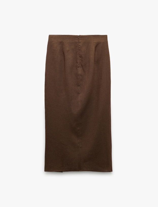 Drape Detaylı Yırtmaçlı Asimetrik Kesim Midi Boy Kruvaze Keten Etek_3