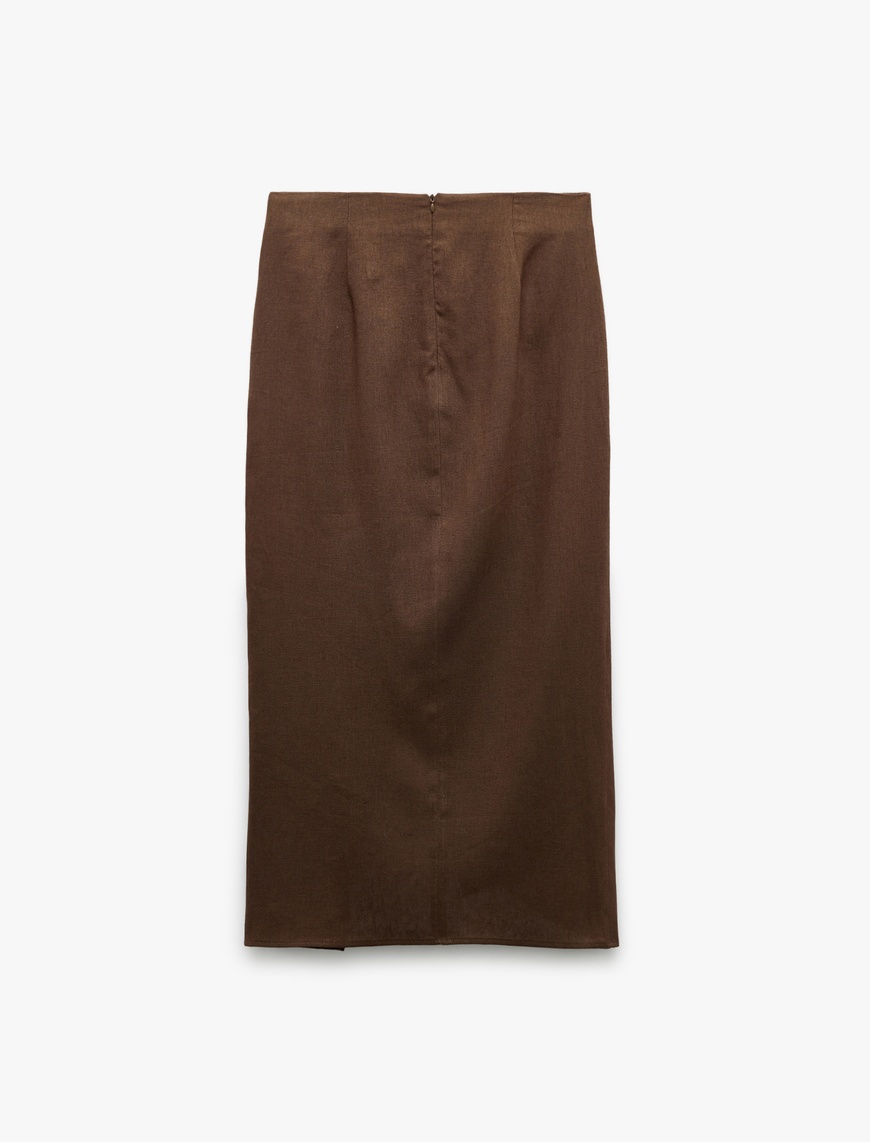   Drape Detaylı Yırtmaçlı Asimetrik Kesim Midi Boy Kruvaze Keten Etek