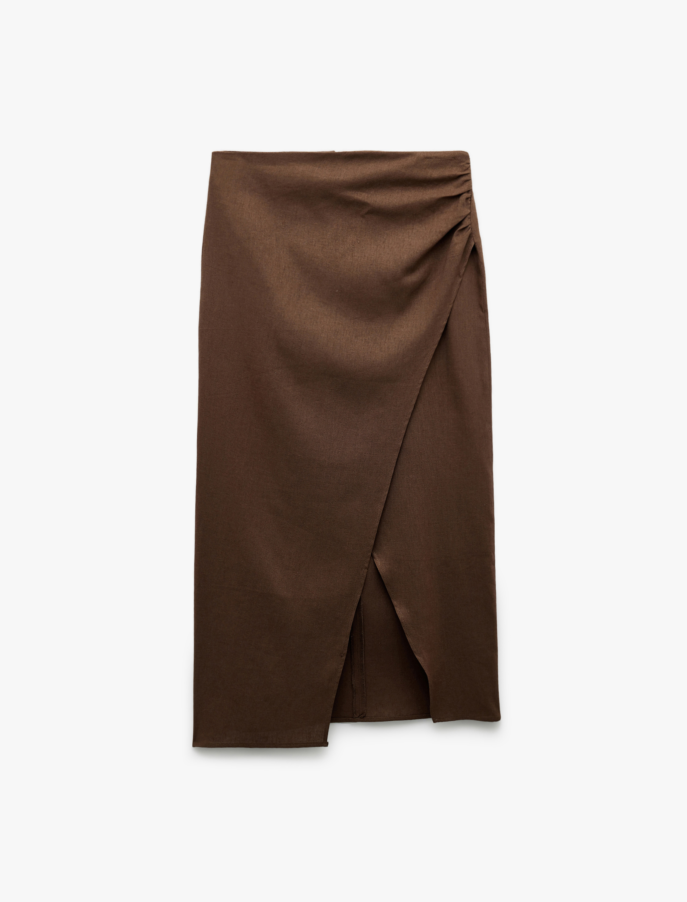   Drape Detaylı Yırtmaçlı Asimetrik Kesim Midi Boy Kruvaze Keten Etek