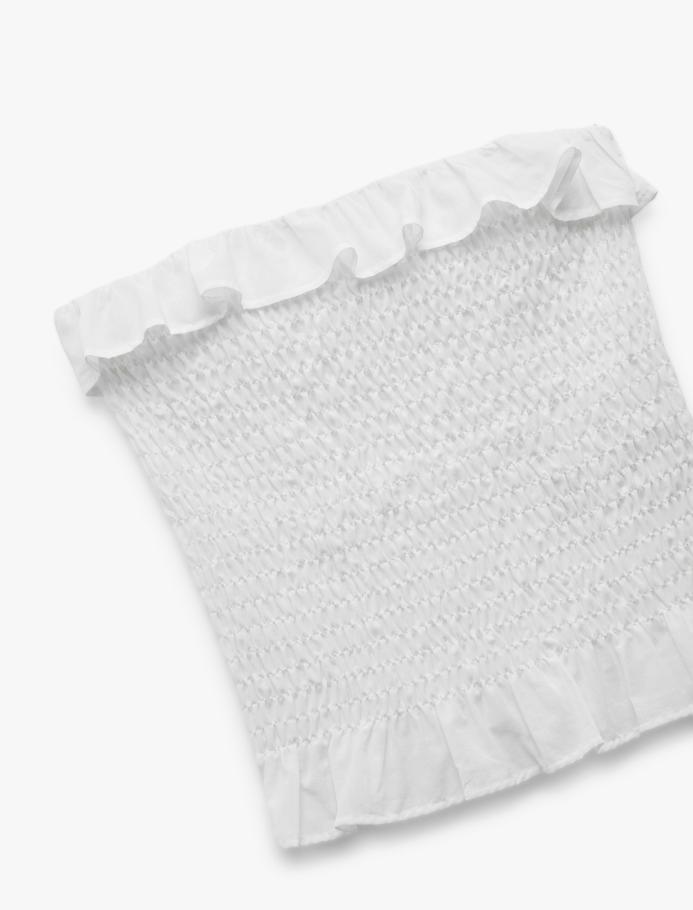   Pamuklu Fırfırlı Gipeli Straplez Yaka Kolsuz Crop Bluz