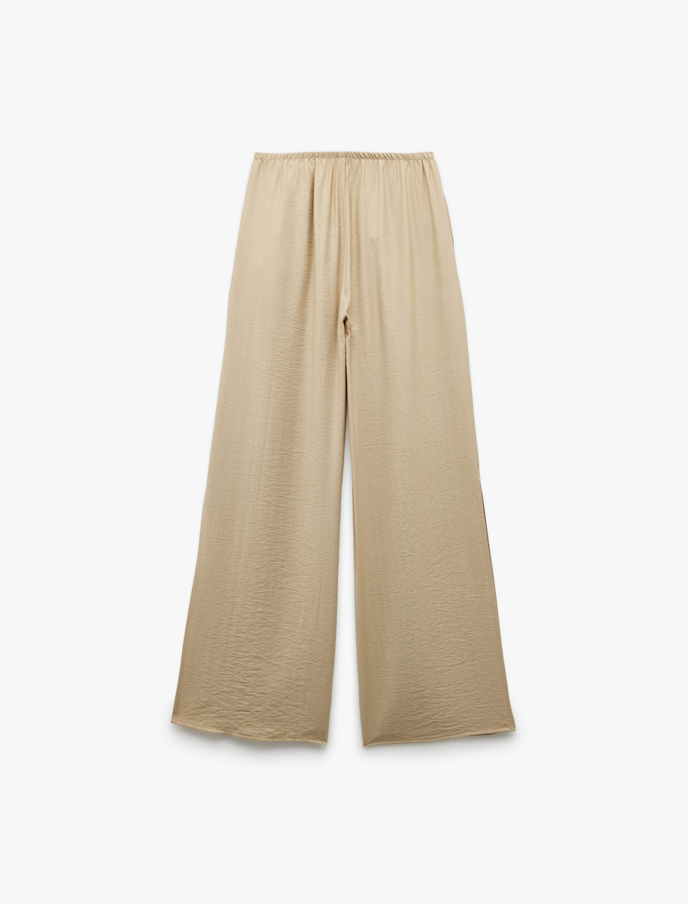   Viskon Kumaş Rahat Kalıp Yırtmaç Detaylı Beli Bağcıklı Cepli Kruvaze Oversize Pantolon