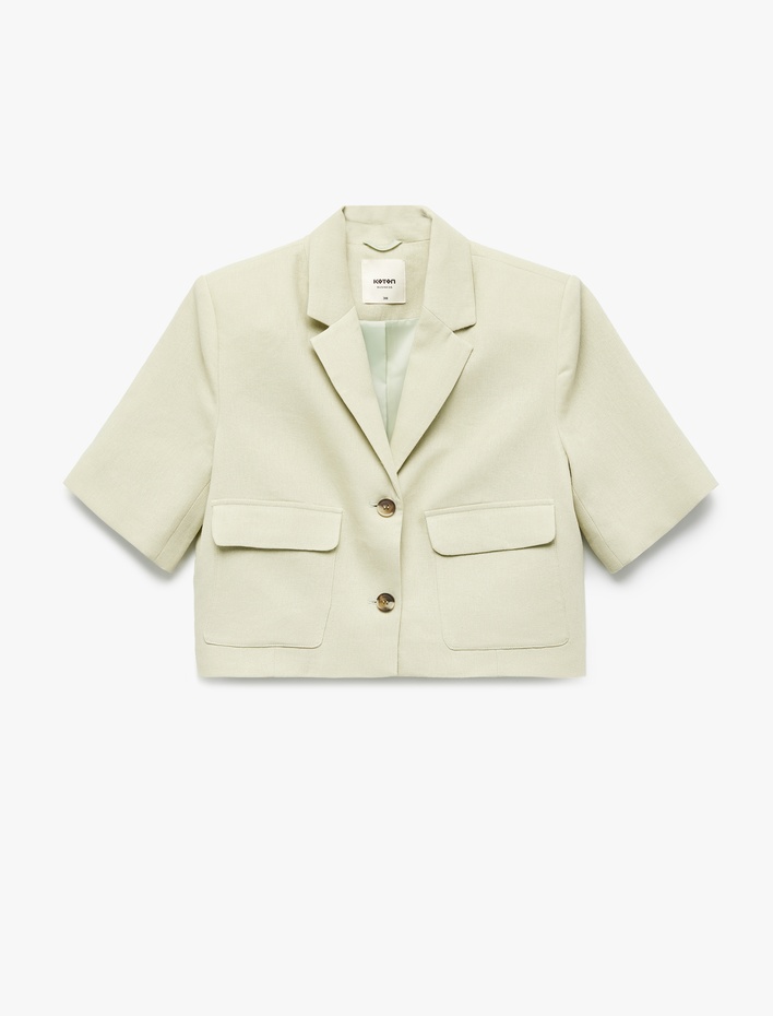  Cepli Düğmeli Kısa Kollu Astarlı Keten Crop Blazer Ceket