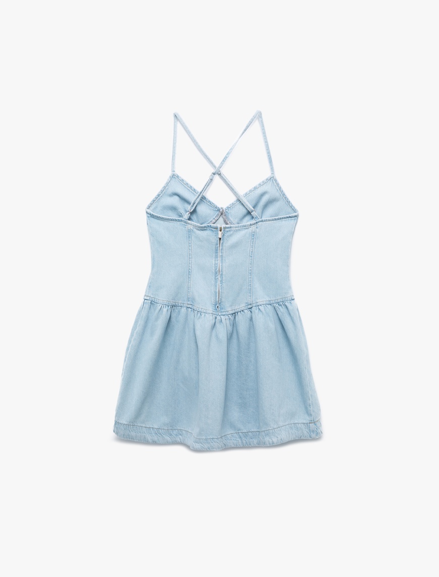   Koton X İnji -  Volanlı V Yaka Çapraz İp Askılı Mini Denim Elbise