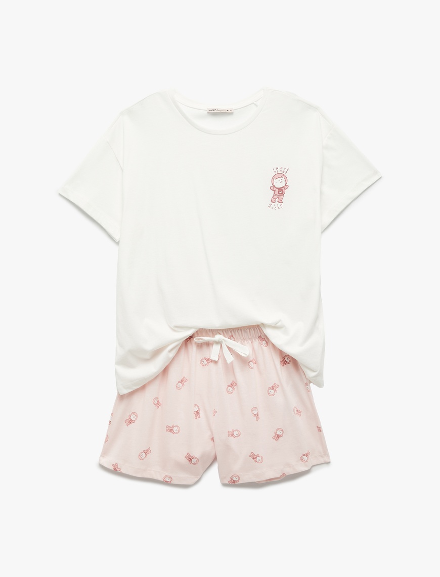   Pamuklu Kısa Kollu Bisiklet Yaka Kedi Grafik Baskılı Şortlu Pijama Takımı