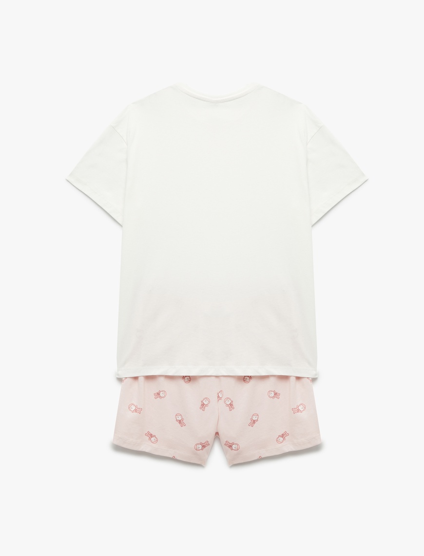   Pamuklu Kısa Kollu Bisiklet Yaka Kedi Grafik Baskılı Şortlu Pijama Takımı