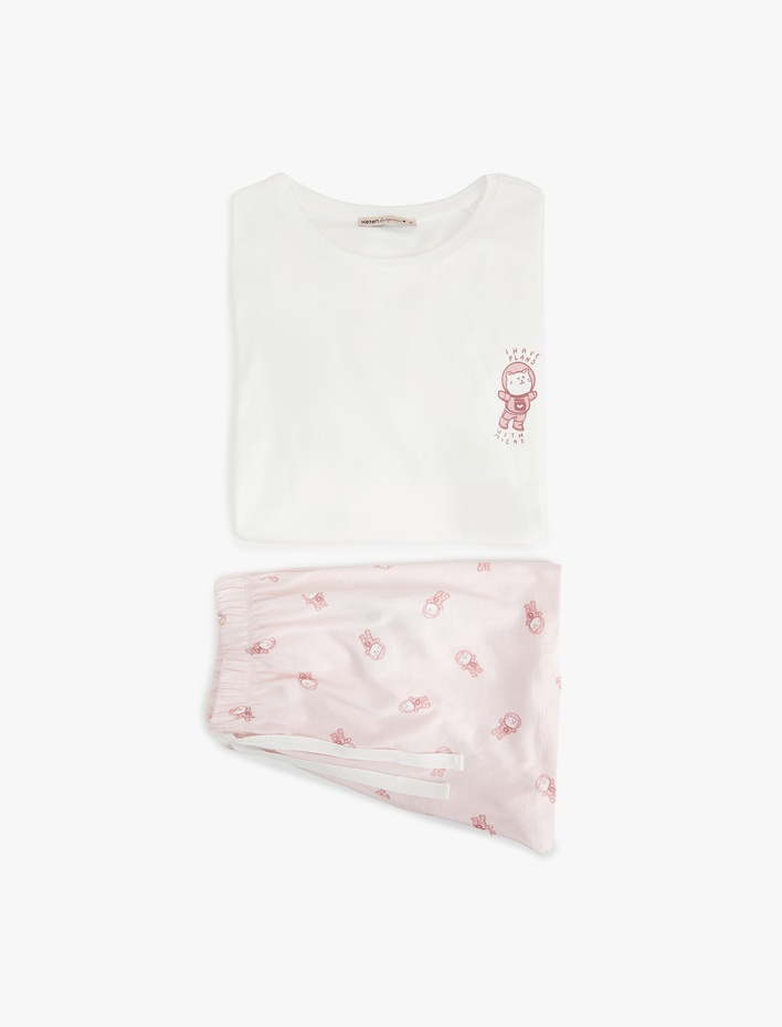  Pamuklu Kısa Kollu Bisiklet Yaka Kedi Grafik Baskılı Şortlu Pijama Takımı