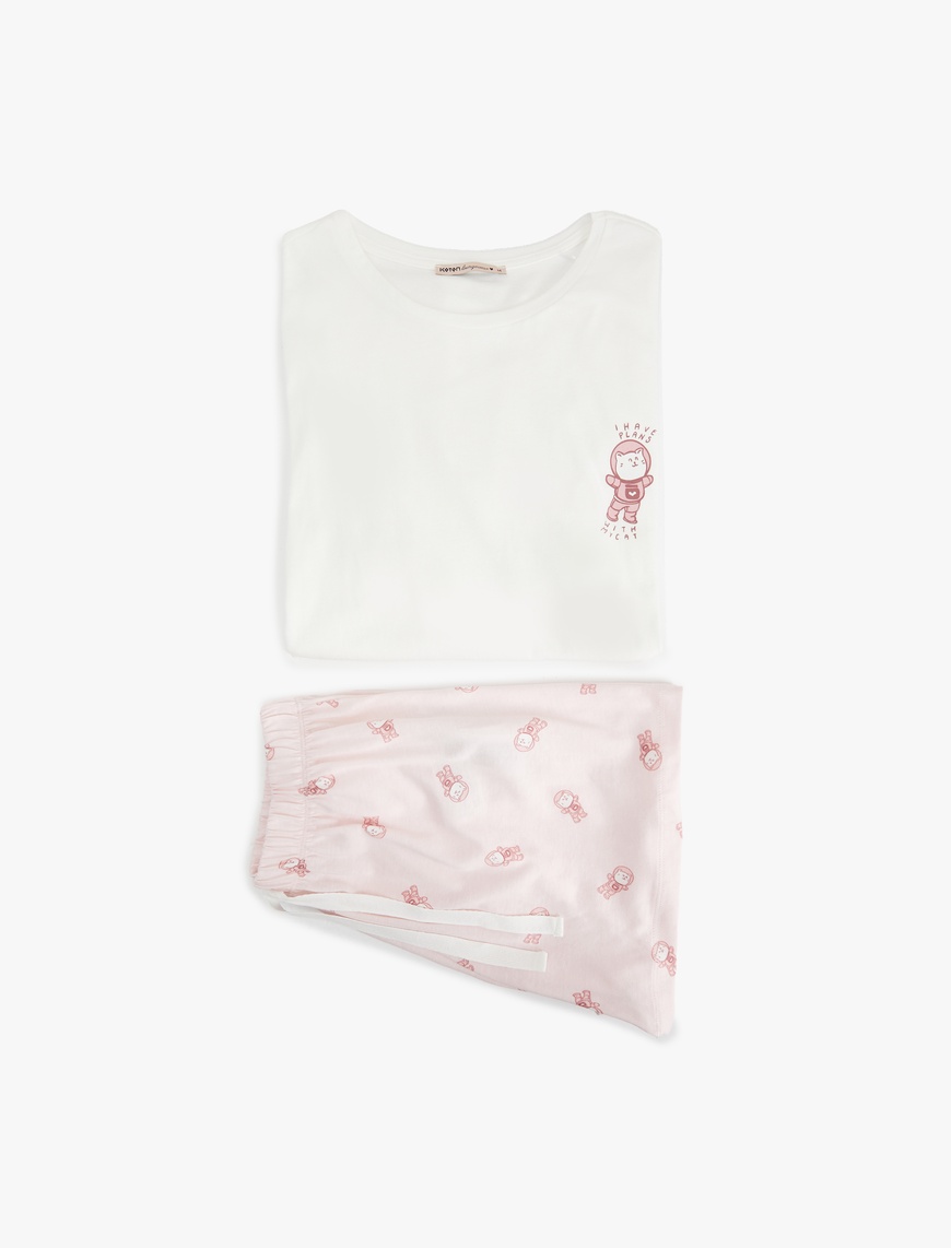   Pamuklu Kısa Kollu Bisiklet Yaka Kedi Grafik Baskılı Şortlu Pijama Takımı