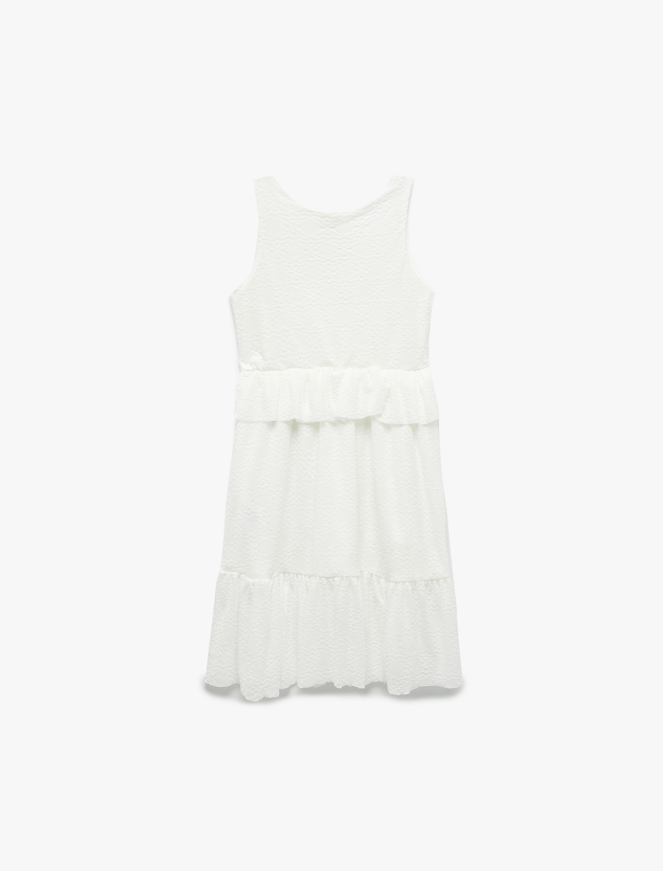  Kız Çocuk Fırfır Detaylı Kat Detaylı Bisiklet Yaka Askılı Elbise