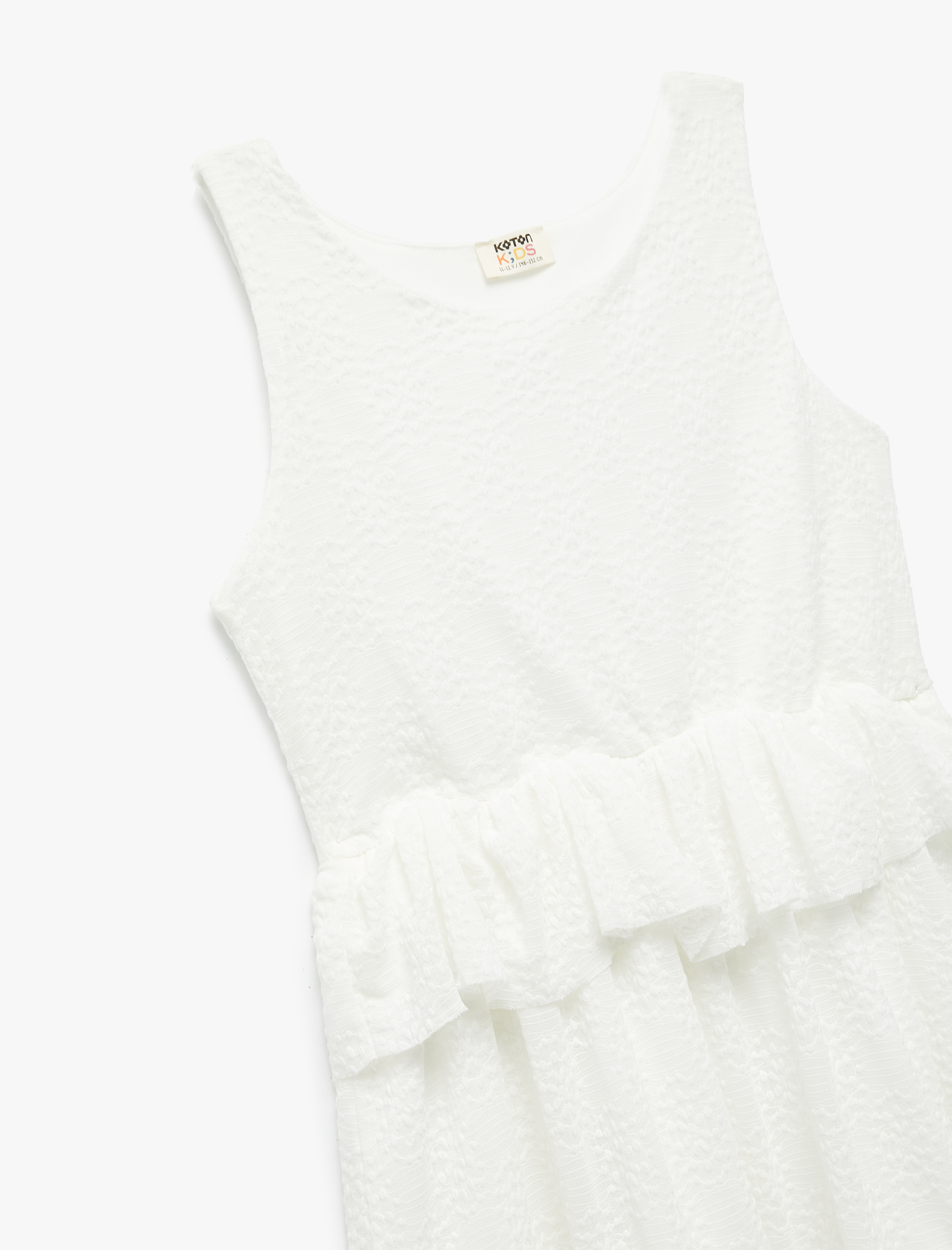  Kız Çocuk Fırfır Detaylı Kat Detaylı Bisiklet Yaka Askılı Elbise