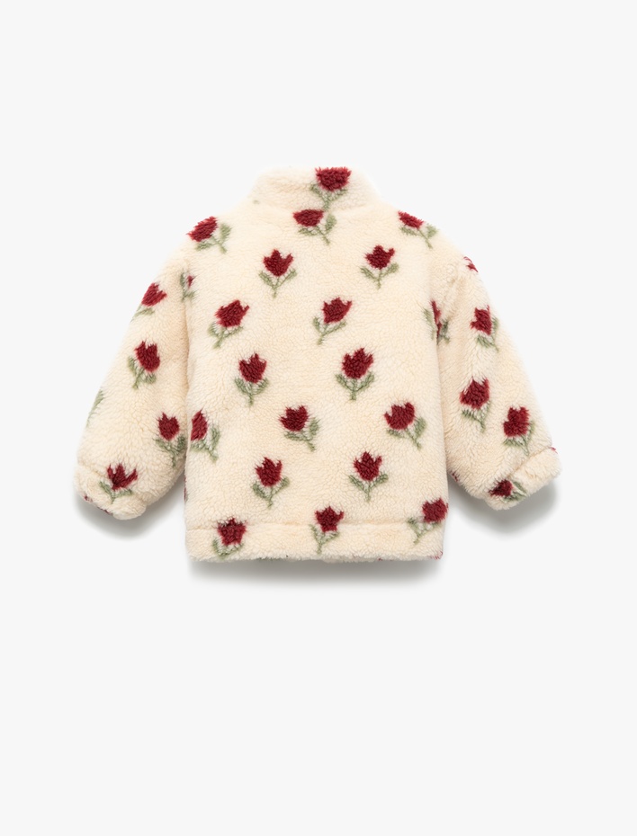 Kız Bebek Fermuarlı Dik Yaka Uzun Kollu Çiçekli Polar Ceket