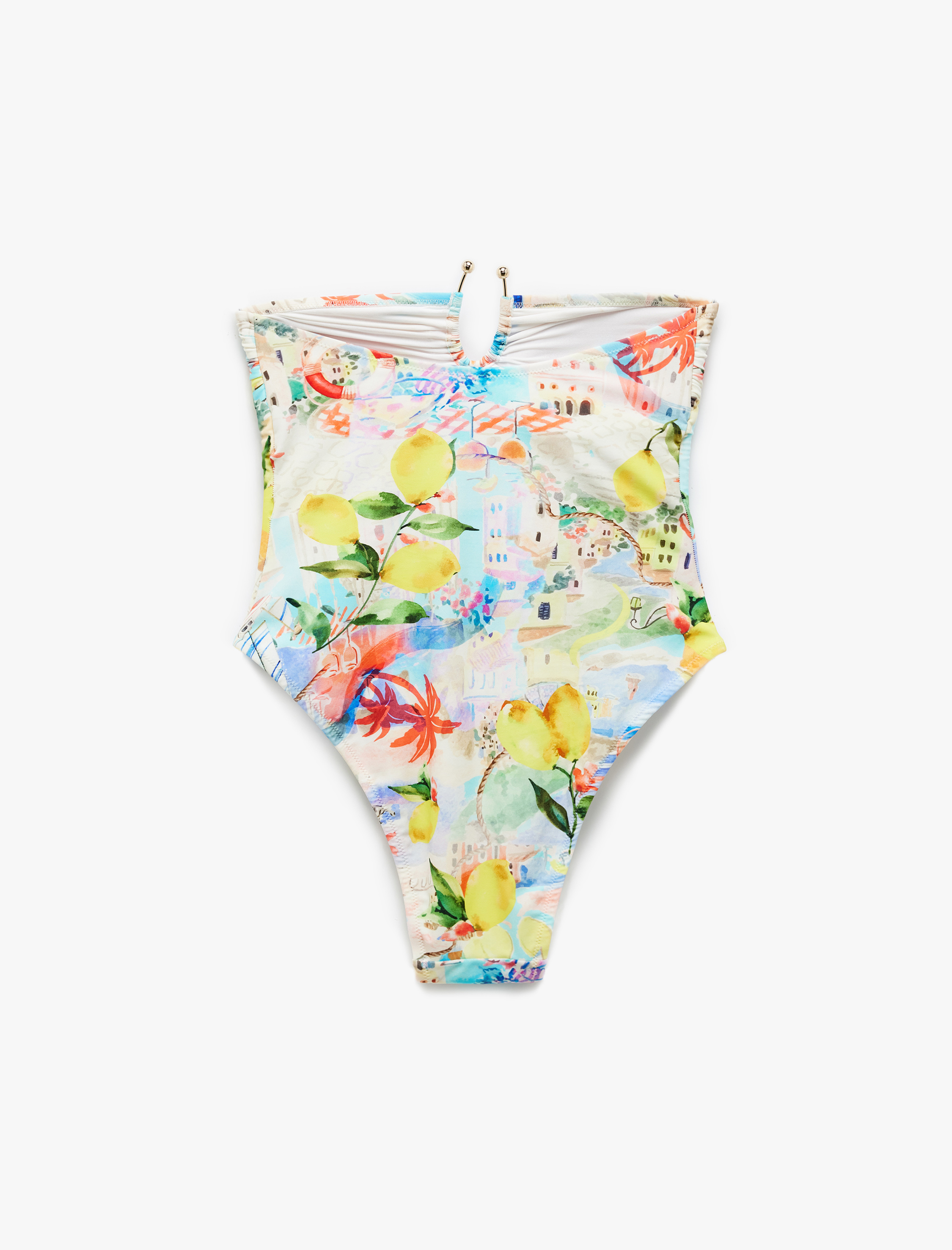   Koton X Sibil Çetinkaya - Aksesuarlı Amalfi Temalı Limon Desenli Straplez Mayo