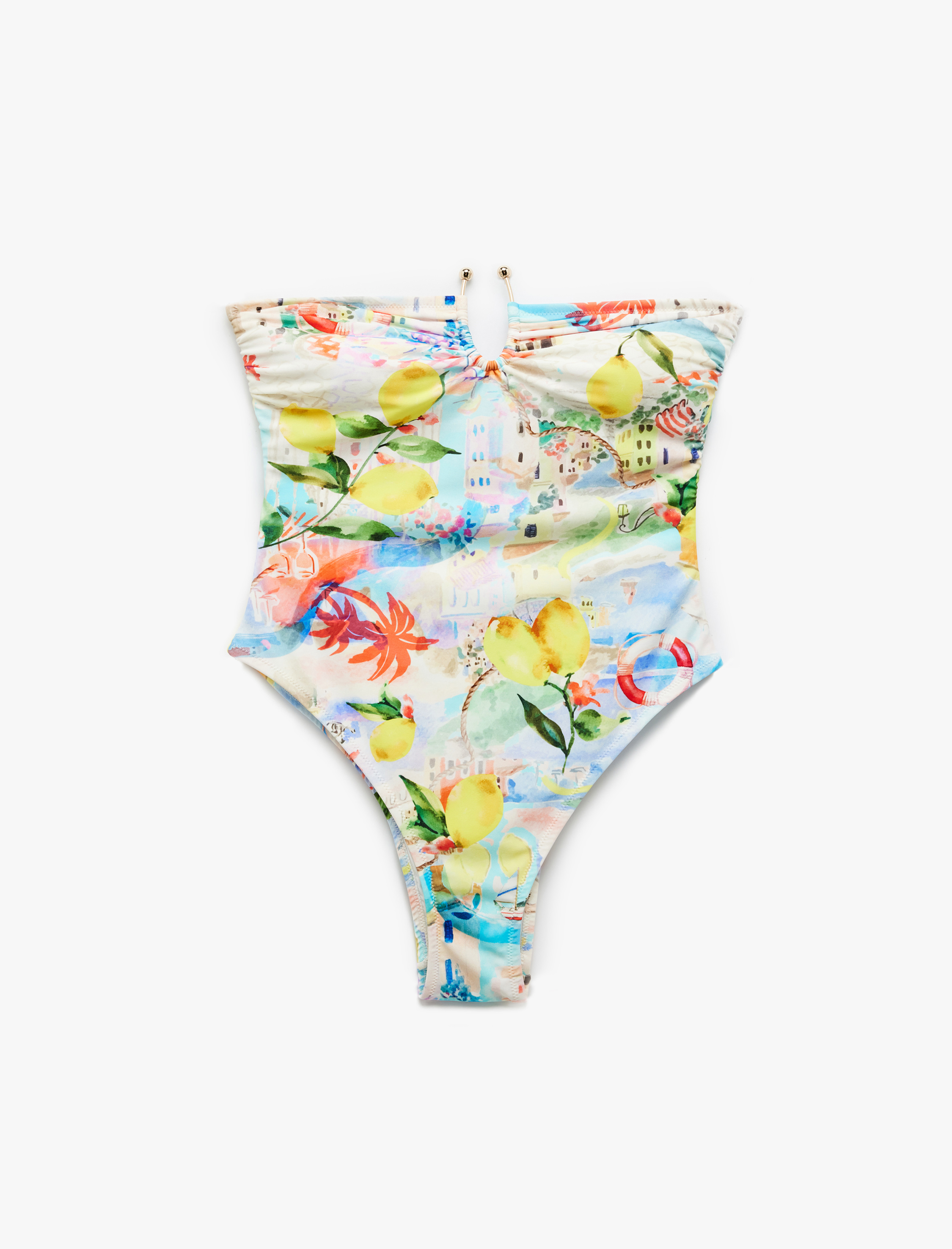   Koton X Sibil Çetinkaya - Aksesuarlı Amalfi Temalı Limon Desenli Straplez Mayo