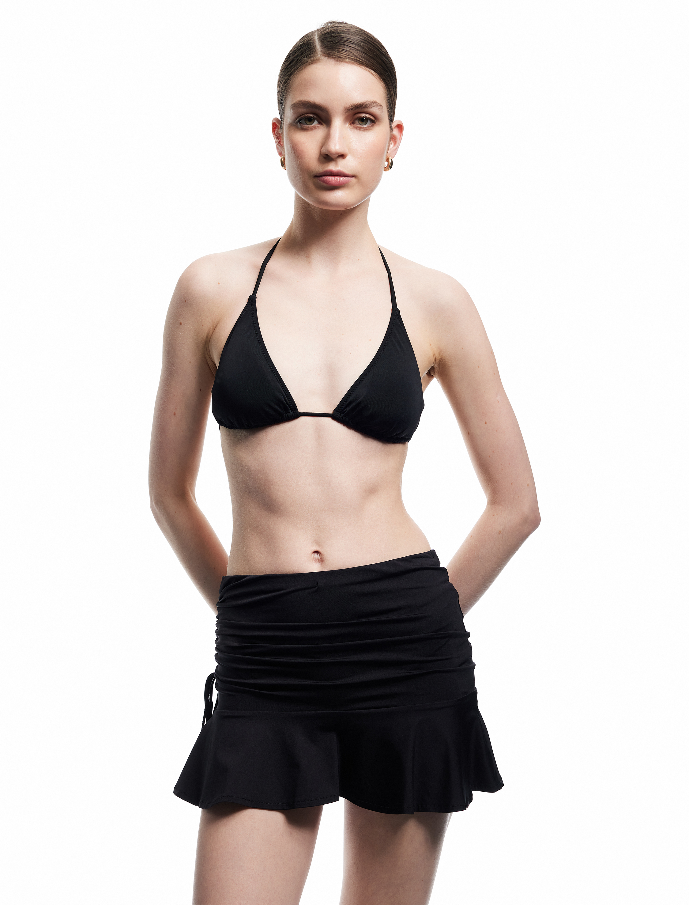   Skinny Fit Yandan Büzgülü Drapeli Fırfırlı Mini Pareo Etek