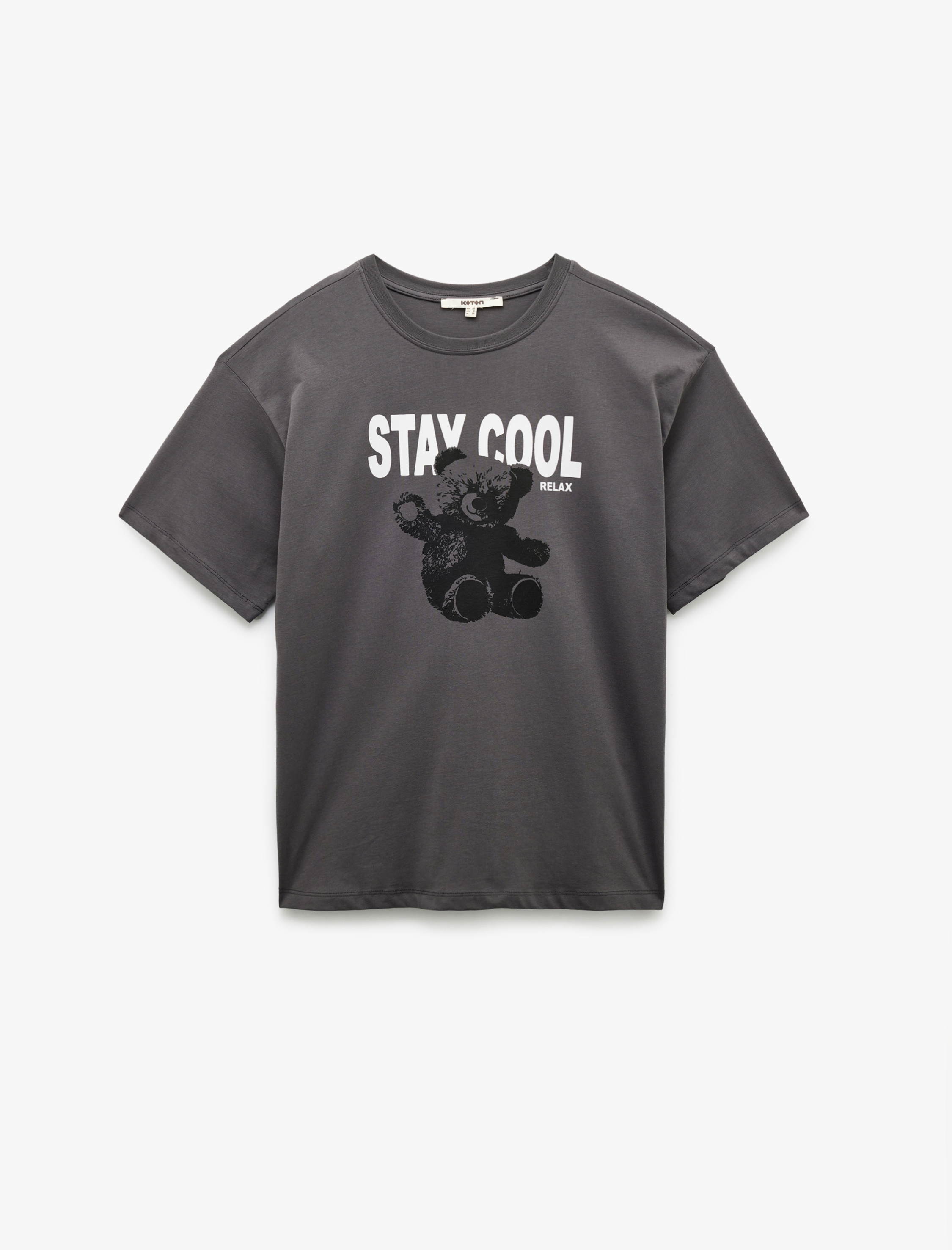   Pamuklu Kısa Kollu Bisiklet Yaka Ayıcık Baskılı Tişört