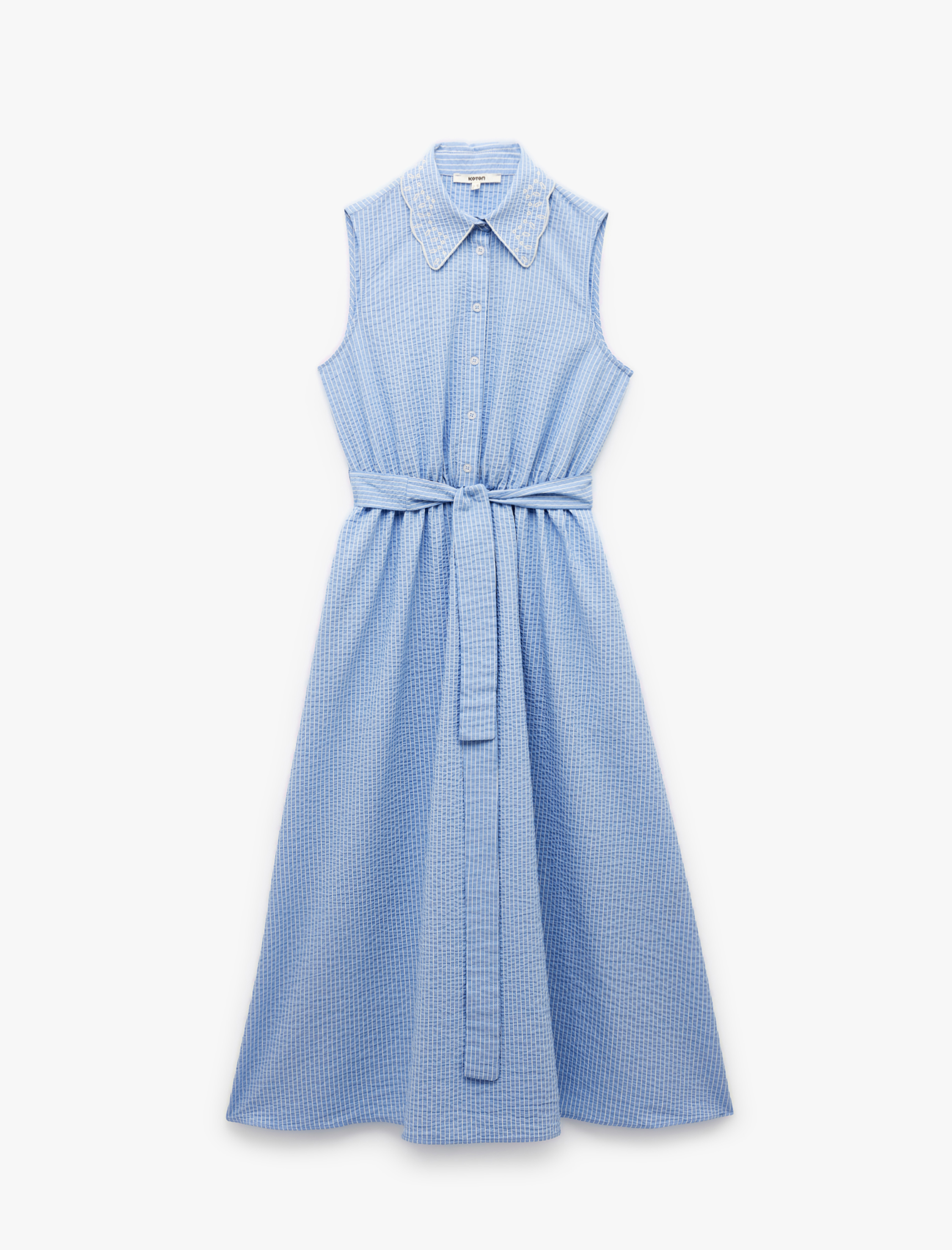   Bol Kalıp Düğmeli Kuşak Detaylı Kolsuz Uzun Gömlek Elbise