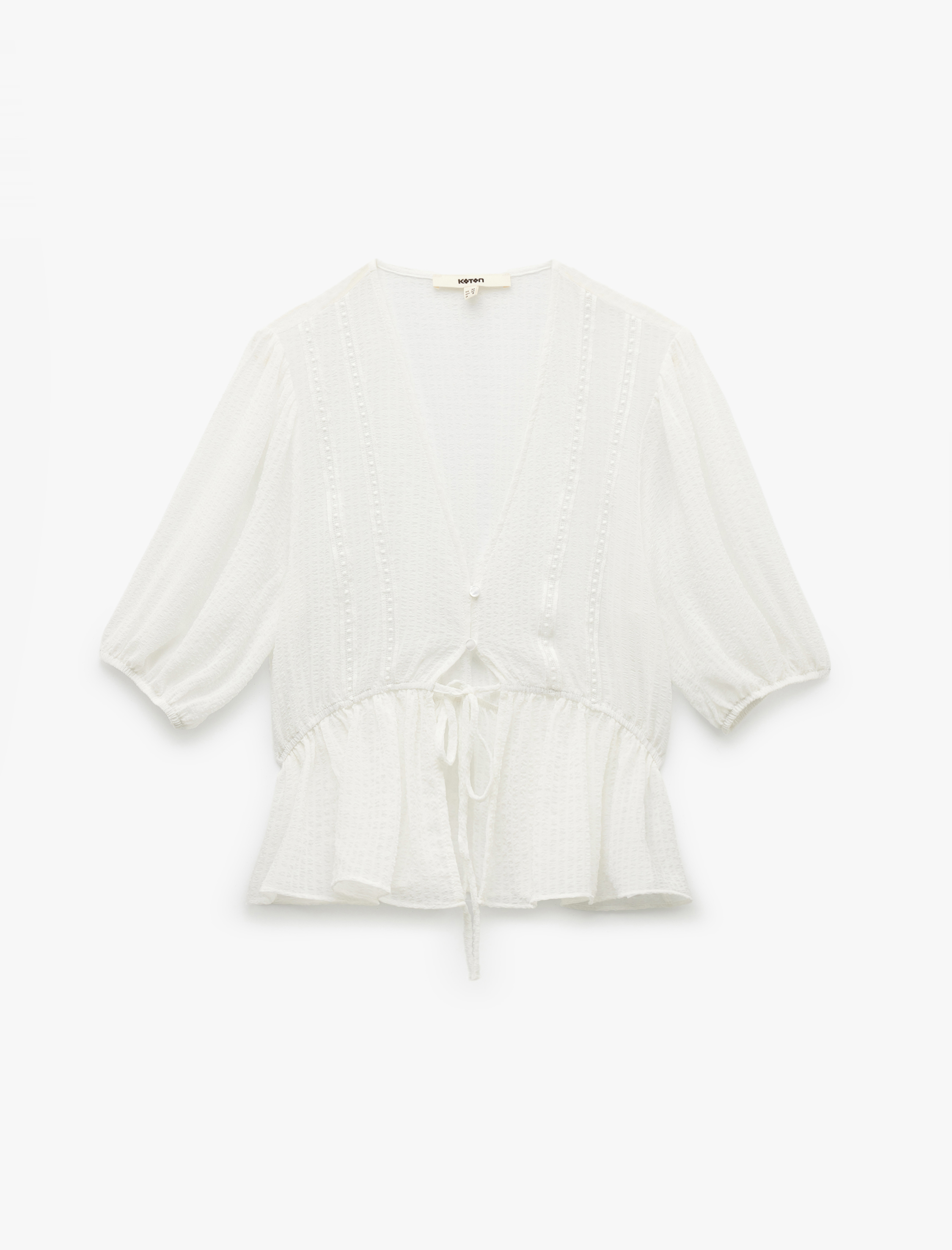   V Yaka Yarım Balon Kollu Önden Bağlama Detaylı Bluz