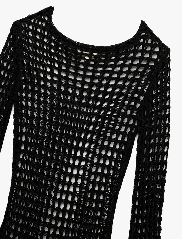 Slim Fit Uzun Kollu Bisiklet Yaka Mini Kroşe File Plaj Elbisesi_4