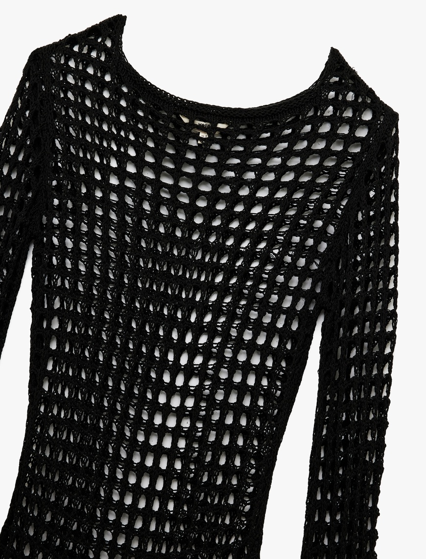   Slim Fit Uzun Kollu Bisiklet Yaka Mini Kroşe File Plaj Elbisesi