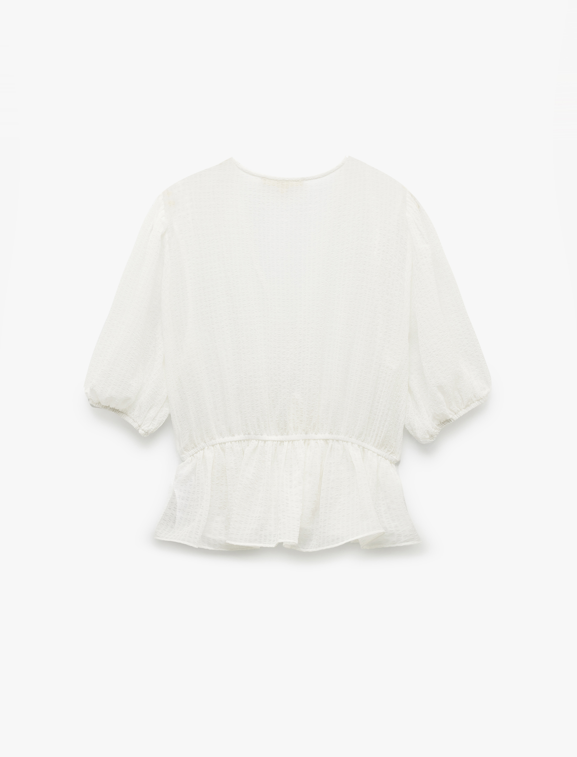   V Yaka Yarım Balon Kollu Önden Bağlama Detaylı Bluz