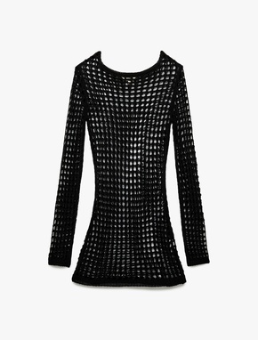 Slim Fit Uzun Kollu Bisiklet Yaka Mini Kroşe File Plaj Elbisesi_2