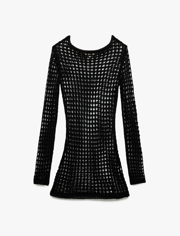 Slim Fit Uzun Kollu Bisiklet Yaka Mini Kroşe File Plaj Elbisesi_2