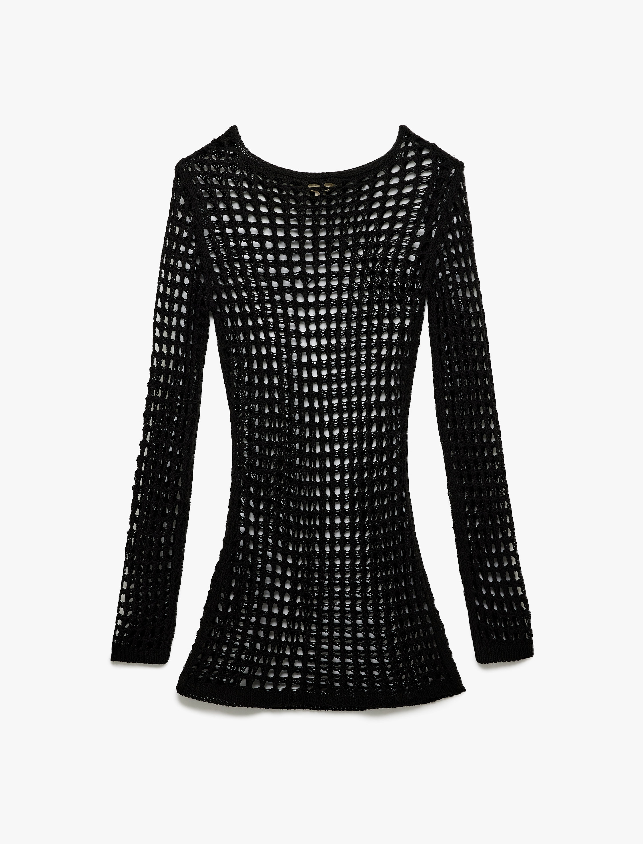   Slim Fit Uzun Kollu Bisiklet Yaka Mini Kroşe File Plaj Elbisesi