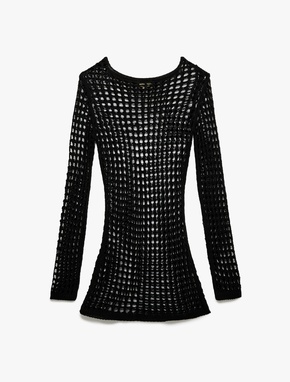 Slim Fit Uzun Kollu Bisiklet Yaka Mini Kroşe File Plaj Elbisesi_3